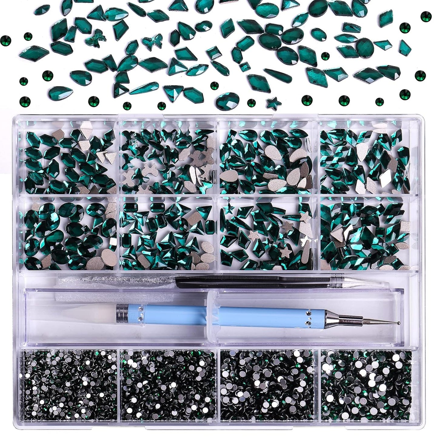 3320Pcs Green Nail Art Rhinestones Crystal,HOINCO 3D Rhinestones Gems Jewels Diamond,24 Types of 320 Diamonds + 3000 Round Beads, Crystals 3D Flat Back Gemstones for Nail DIY Crafts with Tweezers Pen