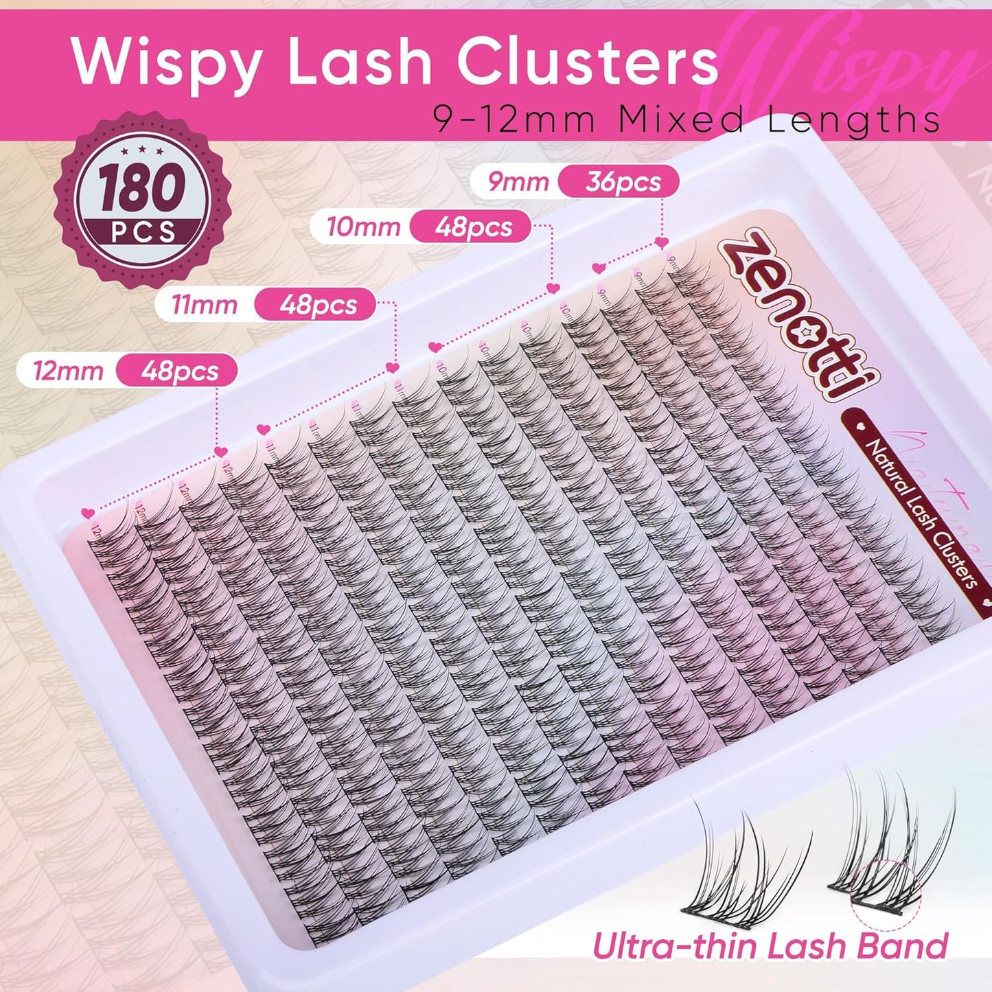 Natural Lash Clusters Wispy Cluster Eyelash Extensions DIY Individual Lashes C Curly 9-12mm Eyelash Clusters 180PCS Lash Extensions with Thin Lash Band by zenotti