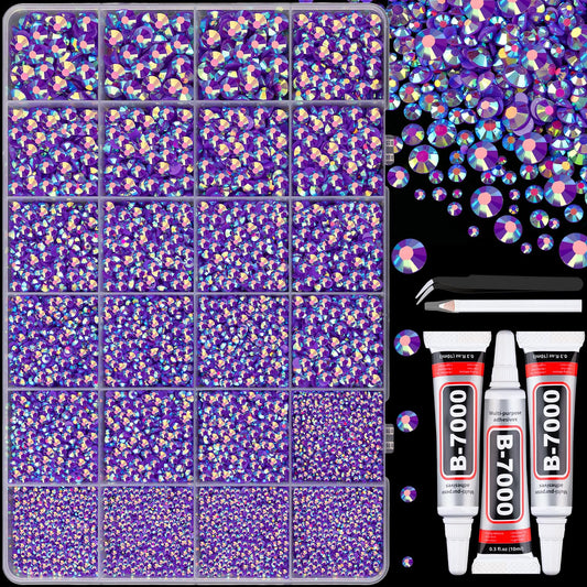 25000Pcs Resin Jelly Rhinestones with Tweezers for Crafting, Dark Purple AB Flatback Gems, Bedazzling Crystal with 3Pcs 10ml B7000 Jewelry Glue for DIY Crafts Clothing Tumblers Shoes Fabric Nail Art