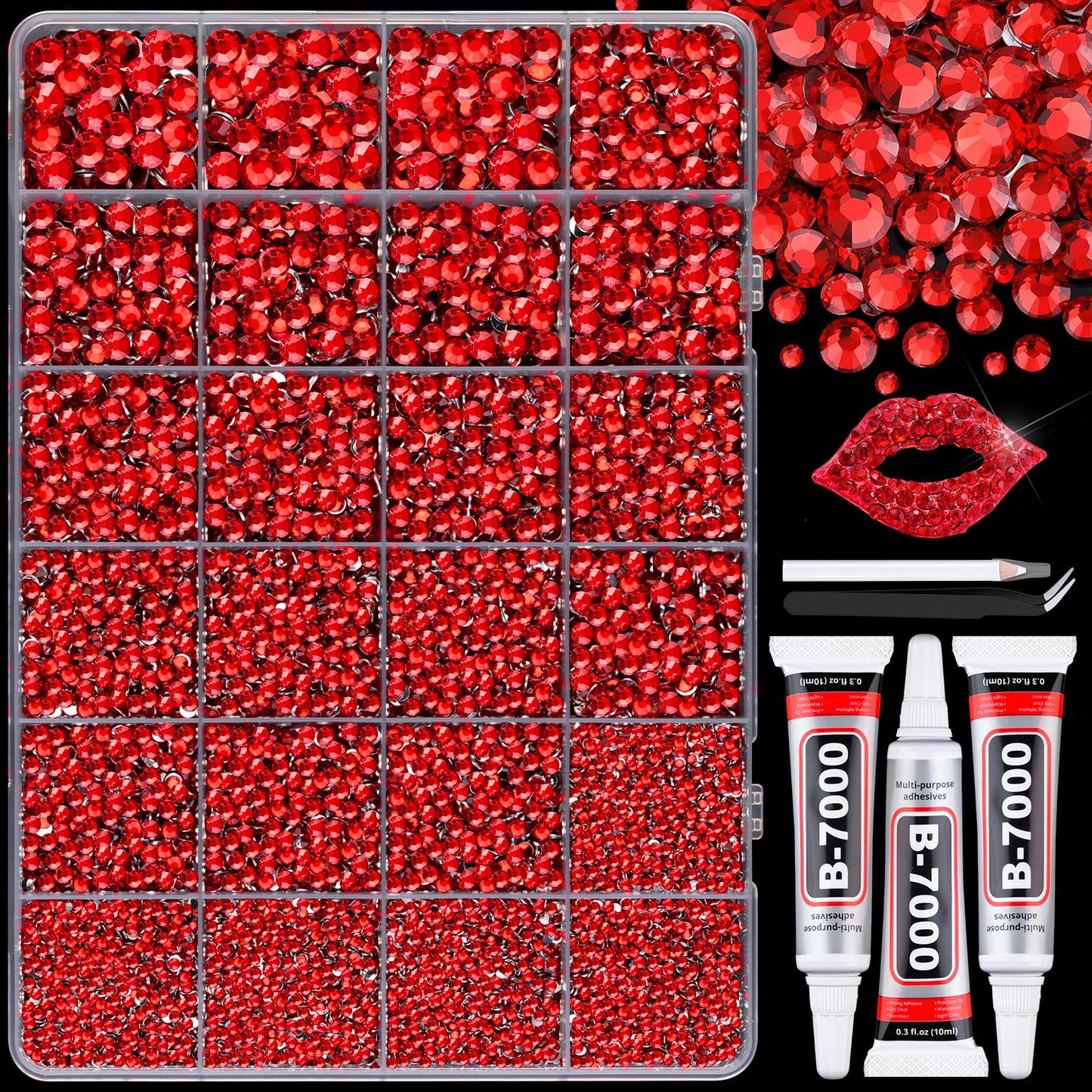 30000Pcs Resin Red Rhinestones with B7000 Jewelry Glue for Crafting, 2-6mm Non Hotfix Flatback Gems, Bedazzling Crystal for DIY Crafts Clothing Tumblers Mugs Shoes Fabric Decor Nail Art