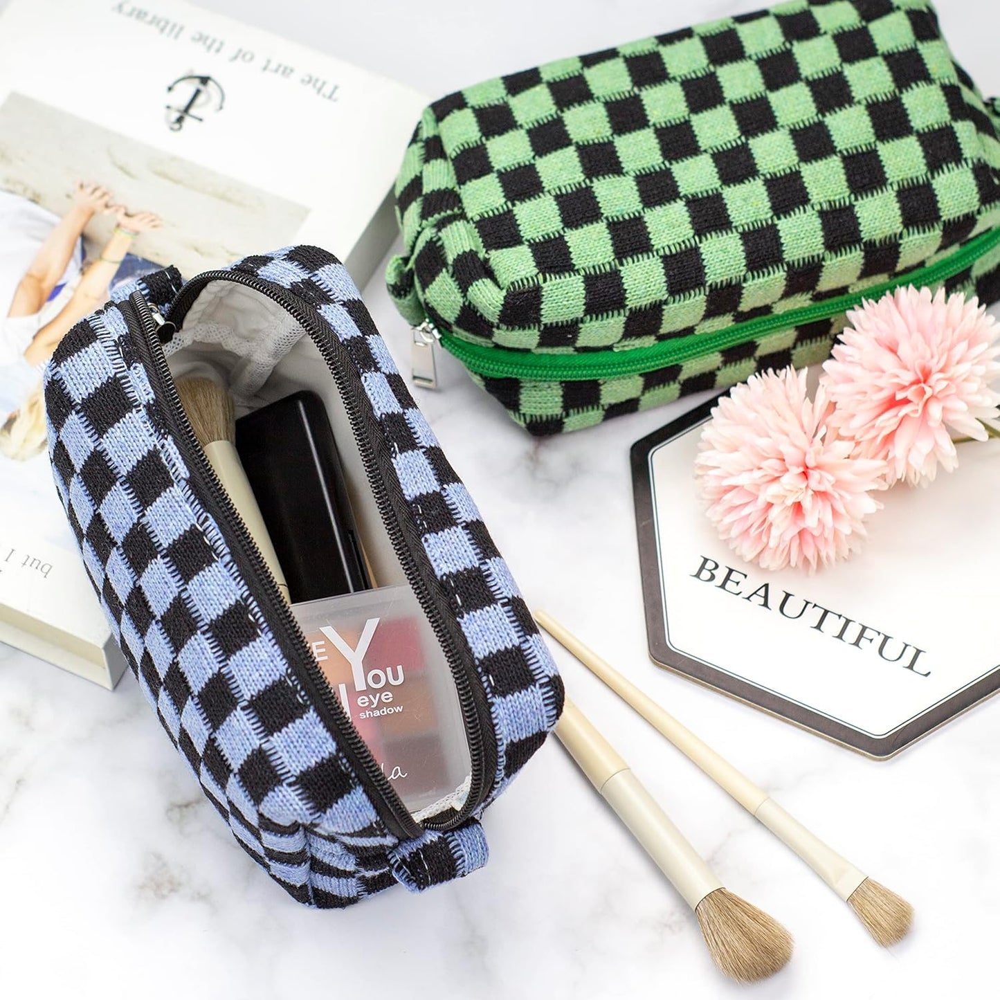 PAZIMIIK Checkered Makeup Bag for Purse Portable Zipper Make Up Pouch Small Cosmetic Case for Travel Accessories (2PCS Green Blue)