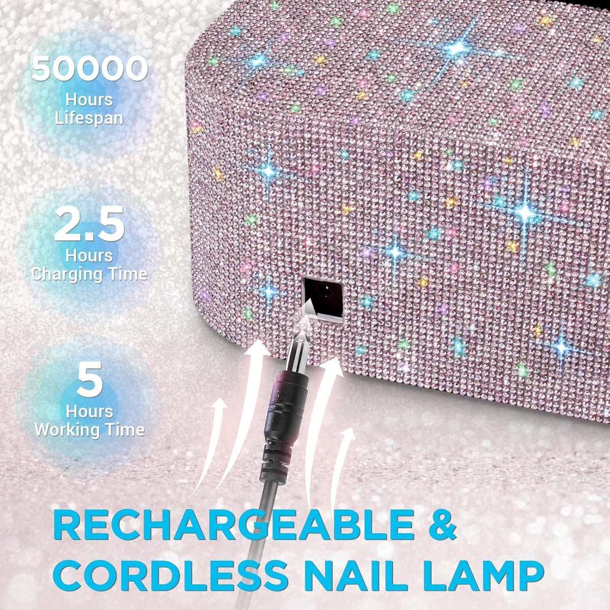 Cordless UV Nail Lamp, Rechargeable UV Light for Gel Nails, LED Nail Lamp with 4 Timer Modes, Gel Nail UV Light Decorate with Sparkling Nail Rhinestones