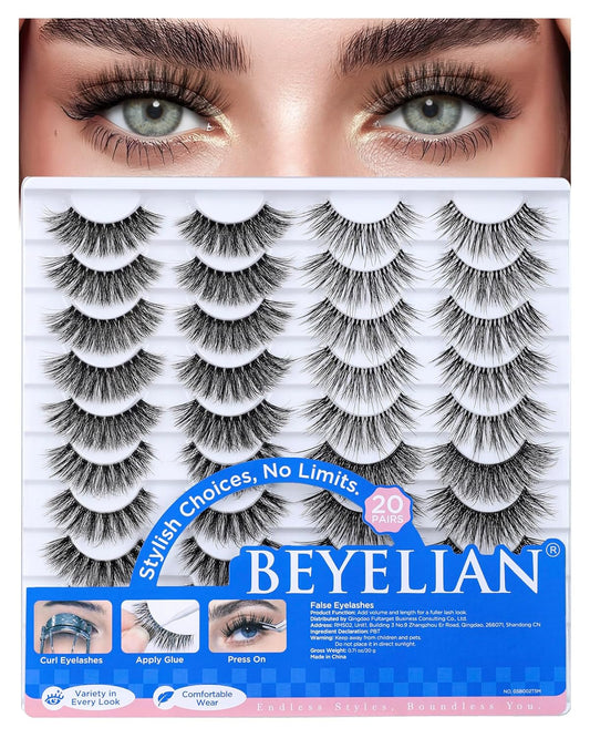 BEYELIAN Fake Eyelashes Strip 20 Pairs Fluffy Cat Eye Lashes Soft and Lightweight False Lashes 3D Volume Faux Mink Lashes Luxurious Lash Pack, Reusable, Easy to Apply (20P-HSCS-MIX-2)