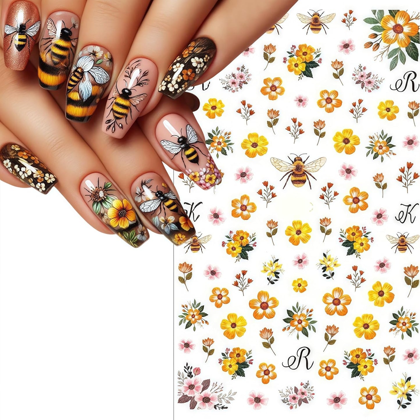6 Sheets Bee Flower Nail Art Stickers 3D Self Adhesive Sunflower Stickers Yellow Floral Daisy Decals Spring Summer Nails Art Supplies Accessories for Women Girls DIY Manicure Decoration
