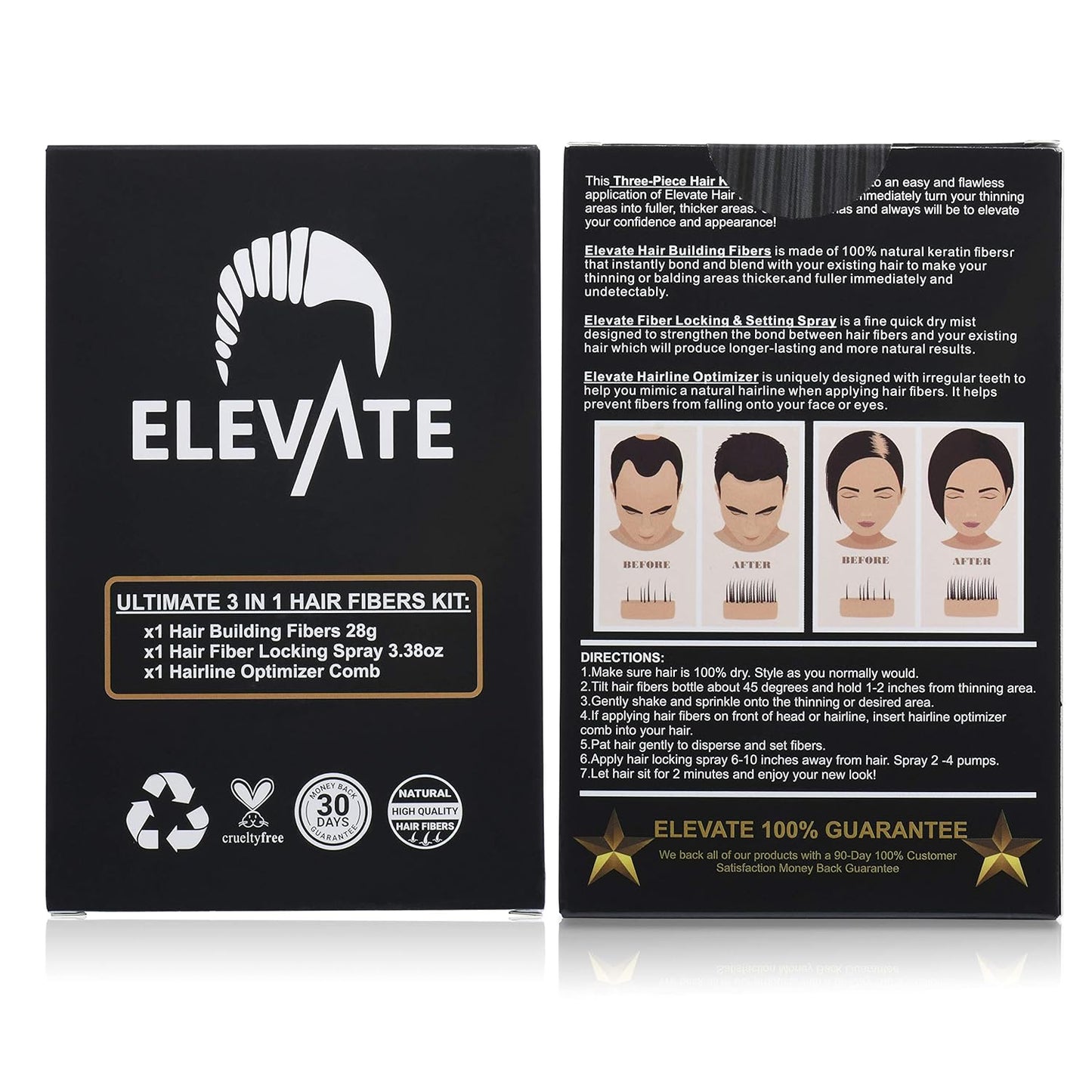 Elevate Hair Building Fibers 3-in-1 Kit for Thinning Hair (Black) Keratin Hair Thickening Powder with Fiber Lock Spray & Hairline Optimizer Comb - Instant Hair Concealer Waterproof for Men & Women