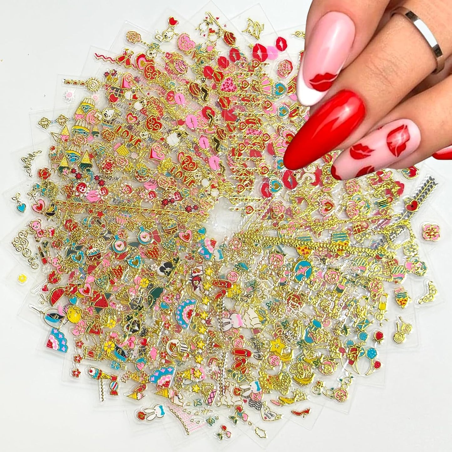 30 Sheets Valentine Nail Stickers: 3D Self-Adhesive Red Heart Designs, Rose Lip Bow, Valentine Decals & Supplies