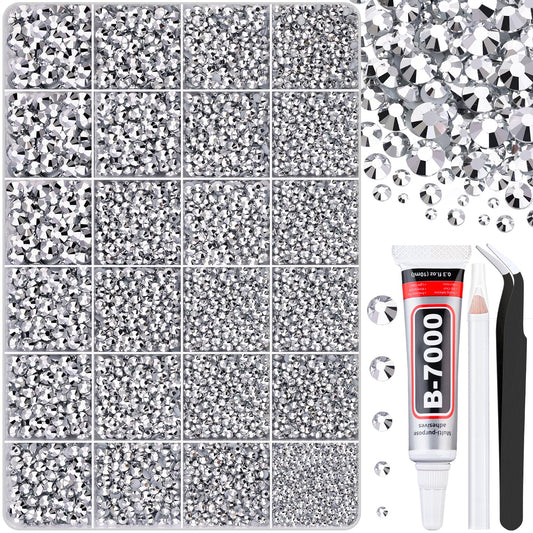 30000Pcs Silver Rhinestones for Bedazzling with B7000 Jewelry Glue, Bedazzler Kit Flatback Gems, Resin Rhinestones for Crafting Crafts Clothing Shoes Fabric Nail Art Assorted Size 2/3/4/5/6mm