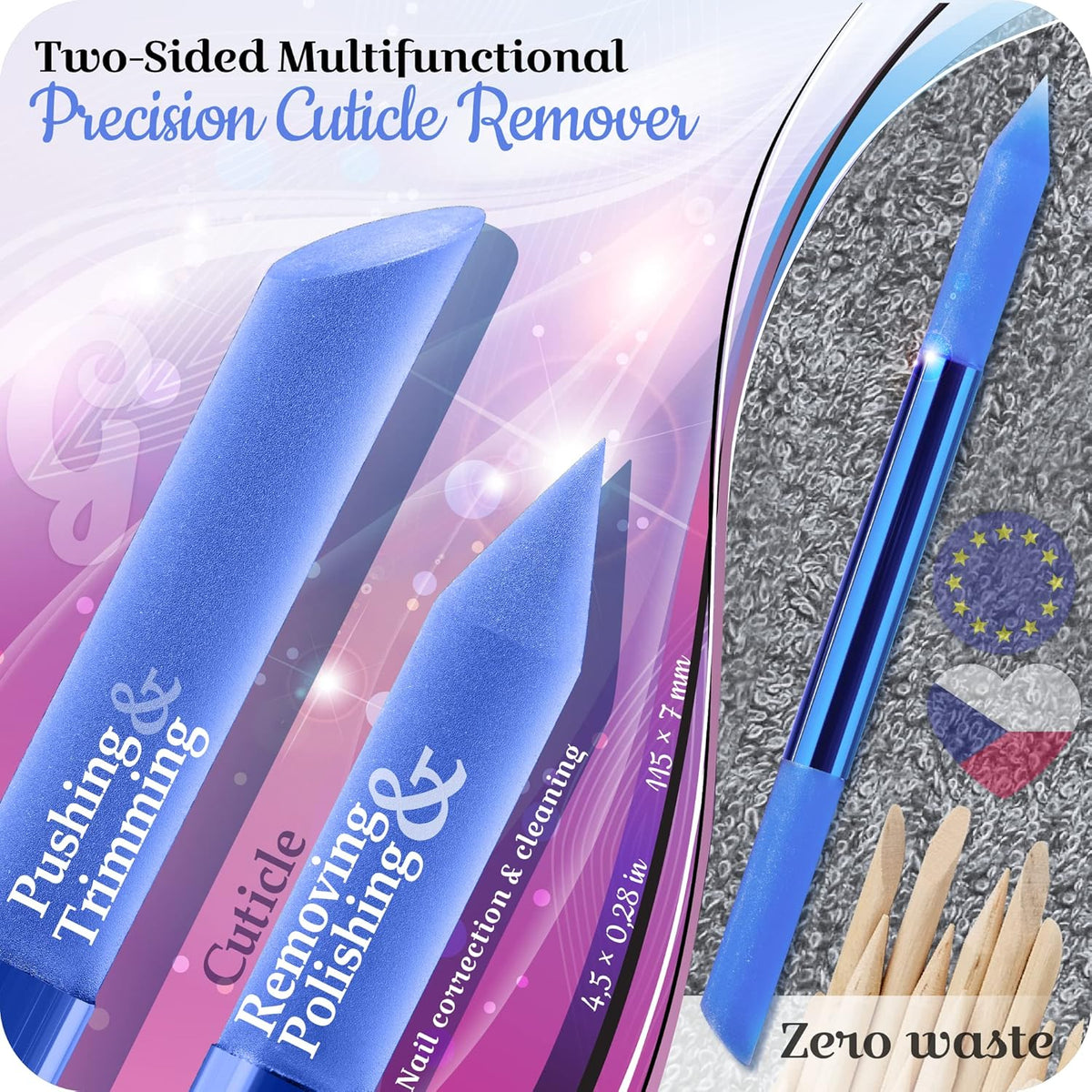 Glass Cuticle Pusher by GLADZY - Manicure Stick, Genuine Czech Quality, Professional Precision Filing Cuticle Remover, Abrasive Surface Never Wears Out - Blue