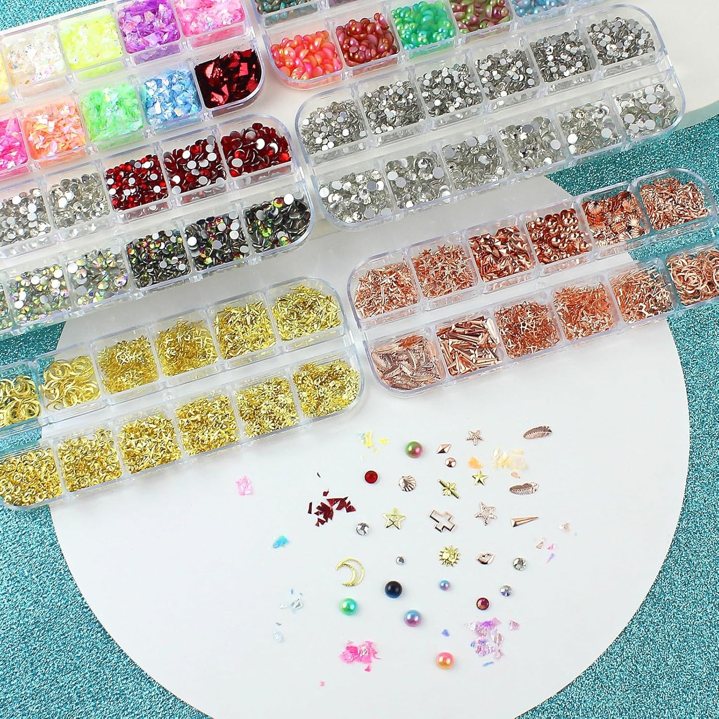 Artdone Nail Art Studs Kit, 6 boxes Multicolor And Design 3D Charms With 15 Sheets Gold Nail Stickers, Diamond Cute Nail Jewels For DIY Decoration with Pickup Tools