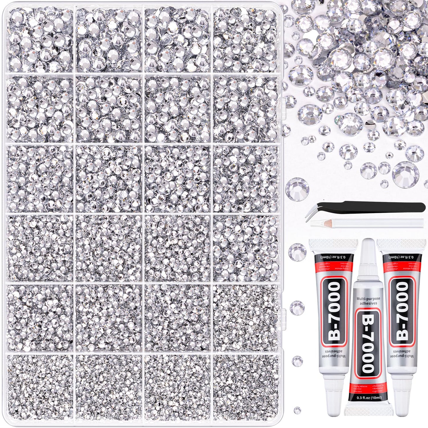 30000Pcs Resin Rhinestones for Bedazzling, Silver Clear Flatback Gems for Diamond Art, Crystal Bedazzler Kit with 3Pcs 10ml B7000 Jewelry Glue for Crafting Clothing Book Shoes Nail Art