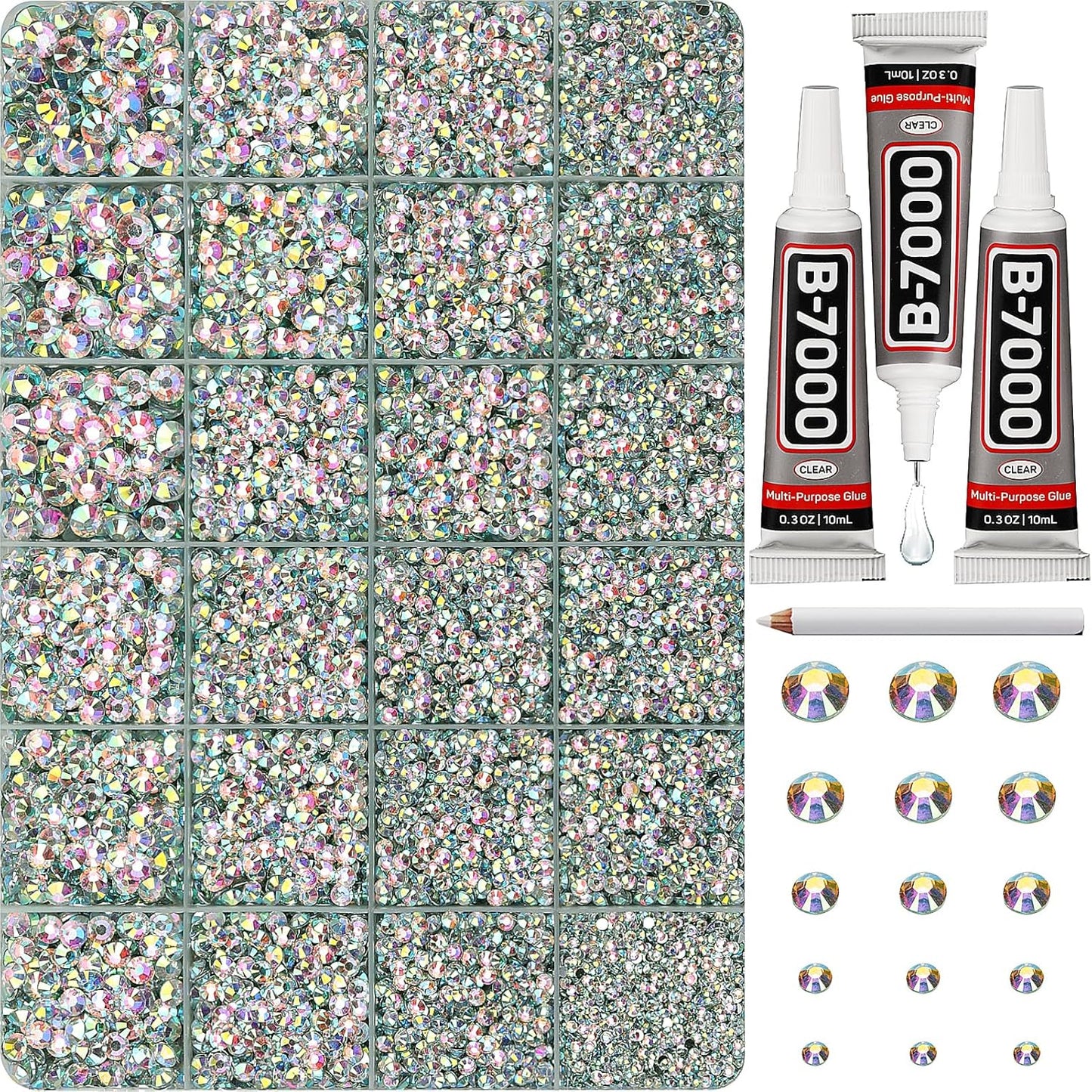 30000Pcs Resin Rhinestones Set for Crafting Bedazzling, Crystal ab Iridescent Flatback Gems Jewels for Crafts Clothes Shoes Fabric Outfit Nails Makeup, Flat Back Crystal 2-6mm with b 7000 Glue