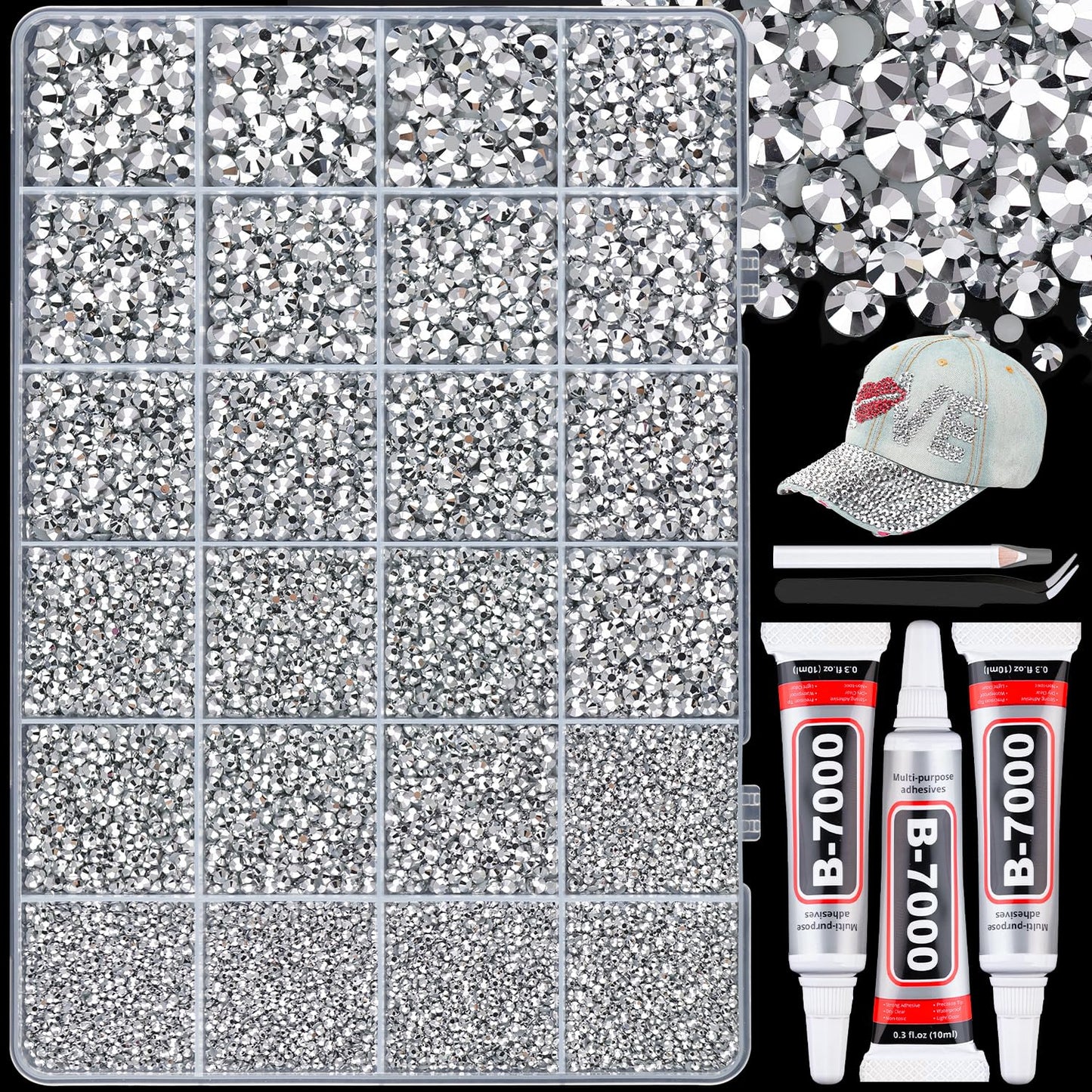 25000Pcs Resin Rhinestones with B7000 Jewelry Glue for Crafting, Silver 2-6mm Non Hotfix Flatback Gems, Bedazzling Crystal for DIY Crafts Clothing Tumblers Mugs Shoes Fabric Decor Nail Art