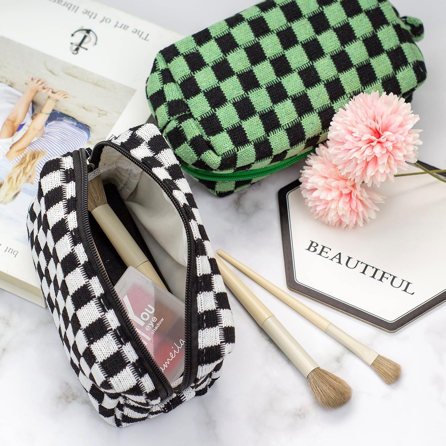 PAZIMIIK Checkered Makeup Bag for Purse Portable Zipper Make Up Pouch Small Cosmetic Case for Travel Accessories (Black)