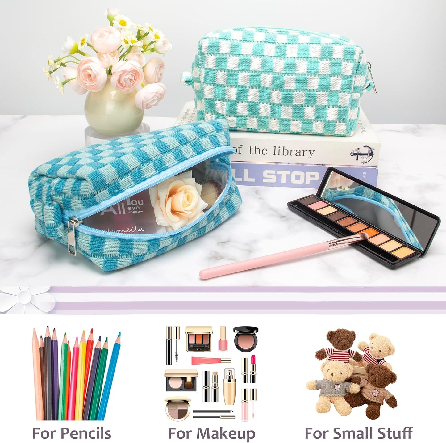 PAZIMIIK Checkered Makeup Bag for Purse Portable Zipper Make Up Pouch Small Cosmetic Case for Travel Accessories (2PCS Lake Blue)