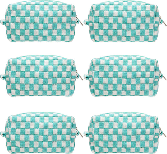 PAZIMIIK Checkered Makeup Bag for Purse Portable Zipper Make Up Pouch Small Cosmetic Case for Travel Accessories (6PCS Arctic Blue)