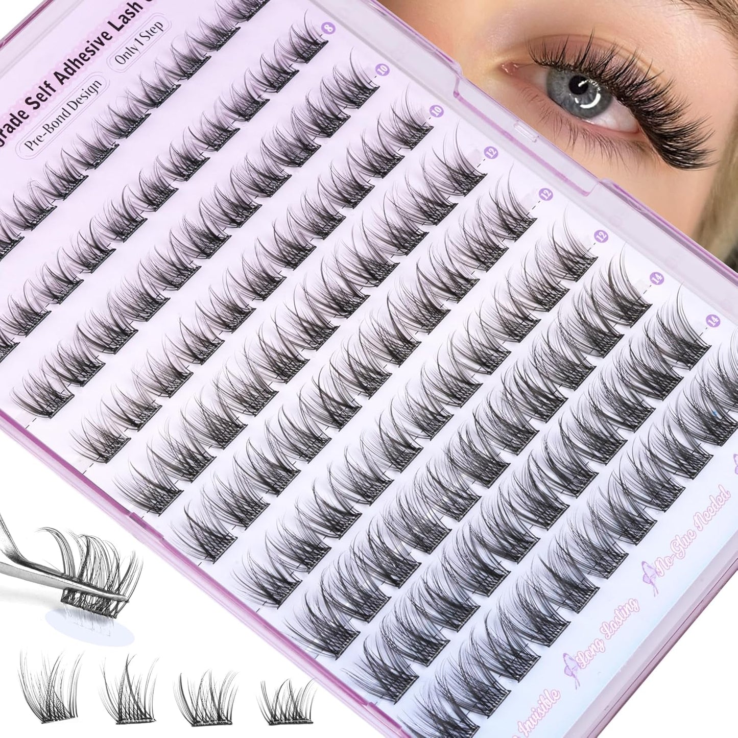 ALICE Self Adhesive Lashes Natural Look Self Adhesive Lash Clusters Wispy Reusable Press on Lashes Pre-Glue 8-14mm 120pcs C-Curly No Glue Needed Eyelashes
