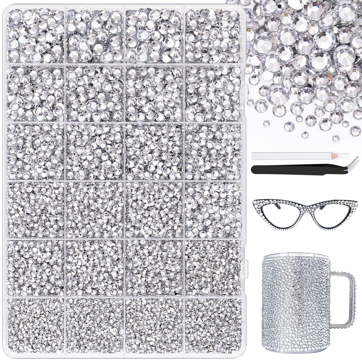25000Pcs Resin Jelly Rhinestones with Tweezers for Crafting, 2-6mm Mixed Sizes (Clear) Non Hotfix Flatback Gems, Bedazzling Crystal for DIY Crafts Clothing Tumblers Mugs Shoes Decor Nail Art