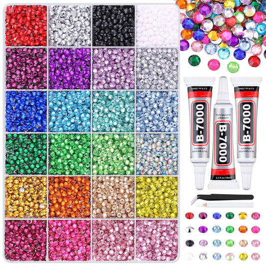 12600Pcs Resin Rhinestones for Crafting with Tweezers, Multicolor 4mm Bedazzling Crystal with 3Pcs 10ml B7000 Jewelry Glue for DIY Crafts Clothing Tumblers Shoes Fabric Nail Art