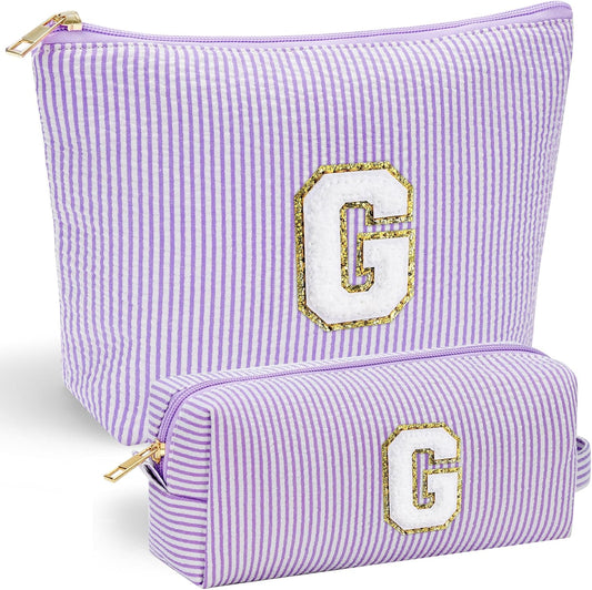 YOOLIFE Personalized Cute Purple Initial Cosmetic Makeup Pouch - Make Up Toiletry Bag for Her Mom Teacher Friend Girlfriend Wife Birthday Gifts