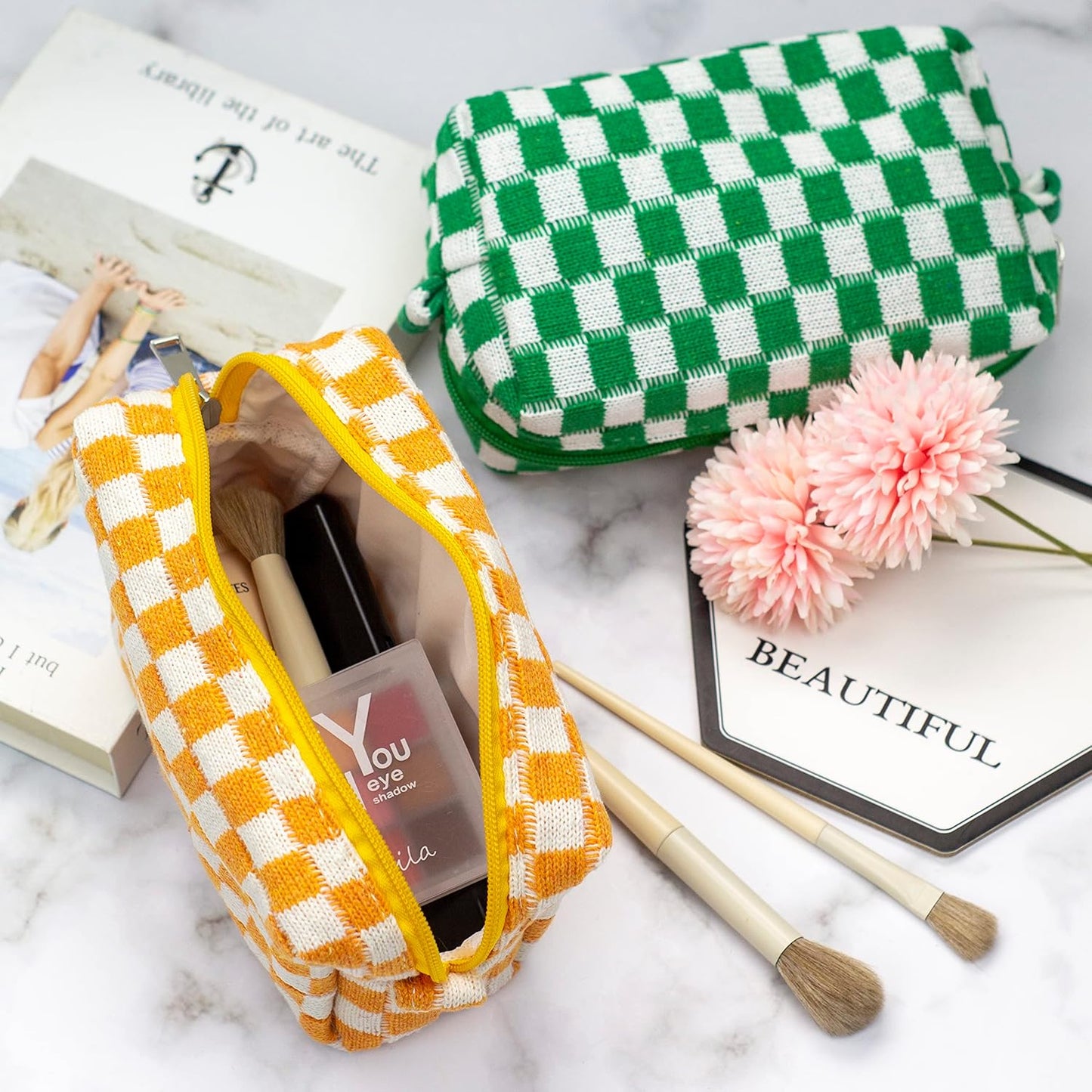 PAZIMIIK Checkered Makeup Bag for Purse Portable Zipper Make Up Pouch Small Cosmetic Case for Travel Accessories (6PCS Orange)