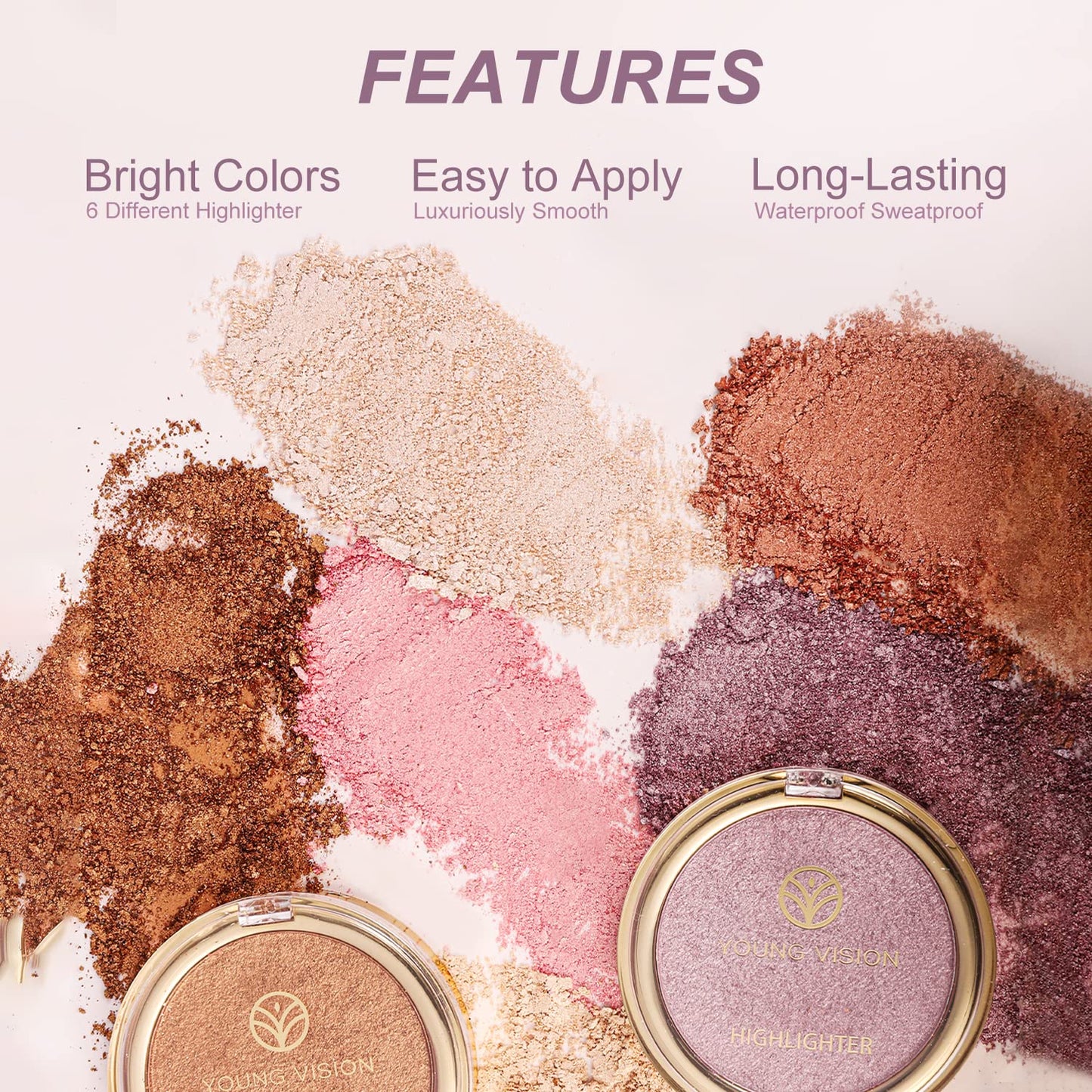 YOUNG VISION Pressed Powder Highlighter, Baked Natural Glow Contour Powder & Face Highlighter, Cruelty Free, Shimmer Highlighting Makeup for Face, Eye, Eyeshadow, Body, Skin (White)