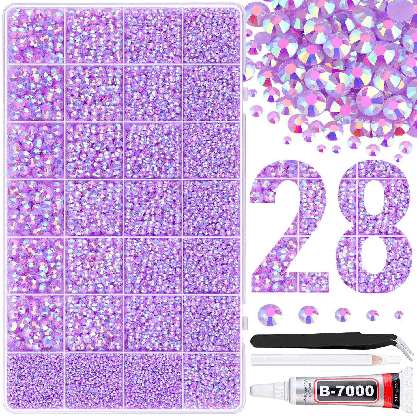 30000Pcs Resin Rhinestones for Bedazzling with Tweezers, Lavender Purple AB Rhinestones for Crafting with B7000 Jewelry Glue for DIY Crafts Clothing Tumblers Shoes Fabric Nail Art