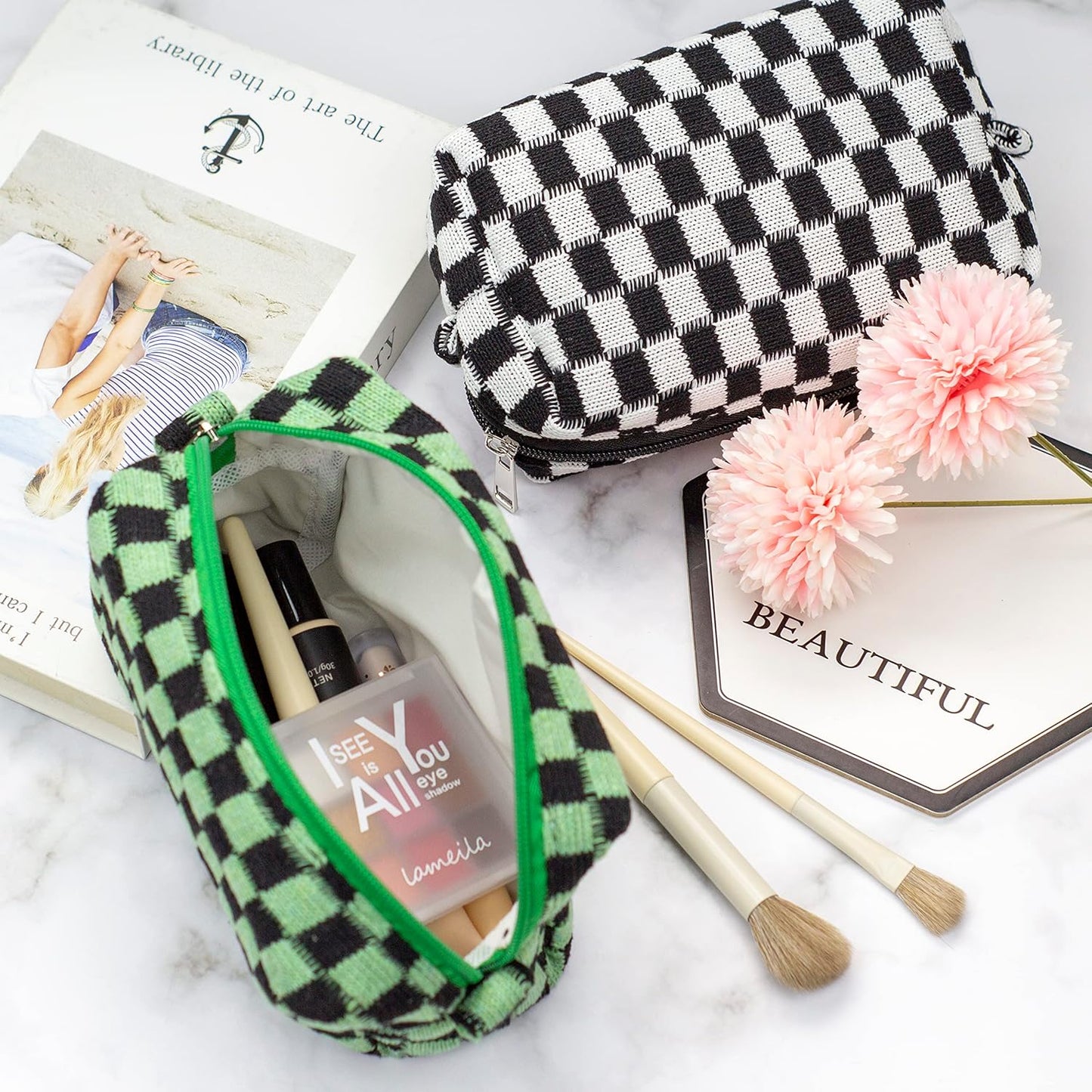 PAZIMIIK Checkered Makeup Bag for Purse Portable Zipper Make Up Pouch Small Cosmetic Case for Travel Accessories (Green Black)