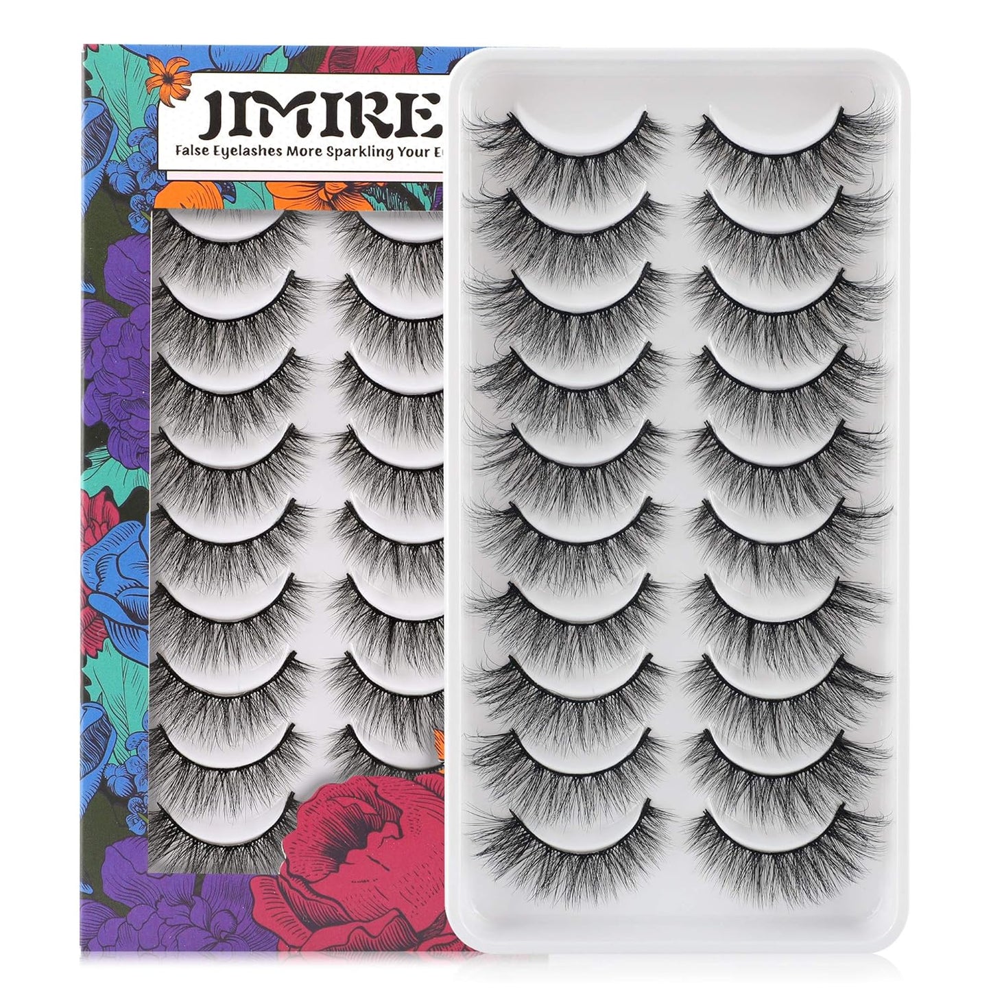JIMIRE Fake Eyelashes Natural Look Fluffy Wispy False Lashes Cat-Eye Lashes with Thin Band Lightweight Fake Lashes 10 Pairs Pack