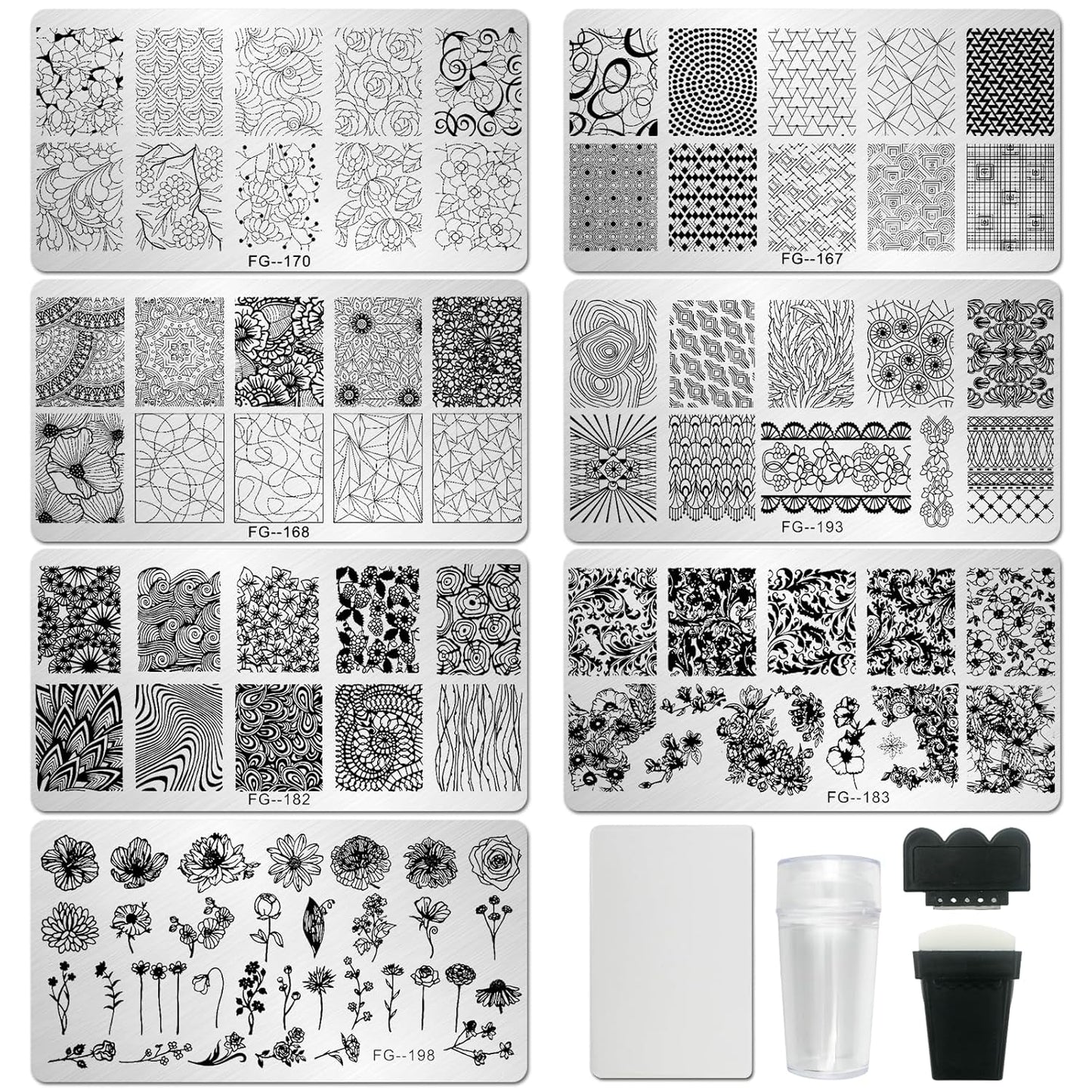 AddFavor Nail Stamper Kit 7pcs Nail Stamping Plates Geometric Mandala Flower Nail Stencils with 2 Stamp and 2 Scraper for Home Salon Manicure Design Supplies Tools