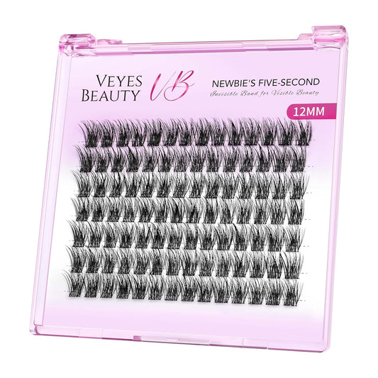 VEYESBEAUTY Lash Clusters Individual Eyelash Extensions Thin & Invisible Band DIY False Eyelashes for Self-application Newbie's Five-Second Series Wispy Lash Tray, Dreamy 12mm Single Length