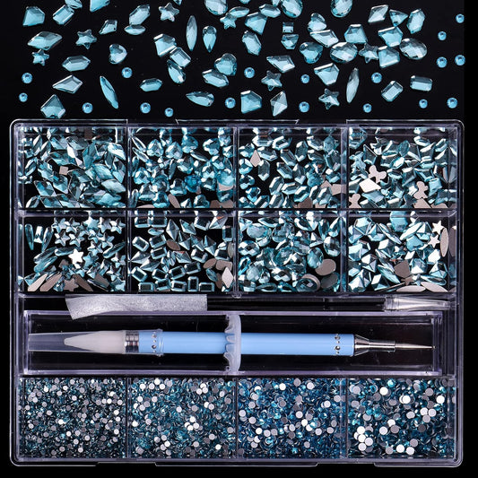 3320Pcs Lake Blue Nail Art Rhinestones Crystal,3D Rhinestones Gems Jewels Diamond,24 Types of 320 Diamonds + 3000 Round Beads, Crystals 3D Flat Back Gemstones for Nail DIY Crafts with Tweezers Pen