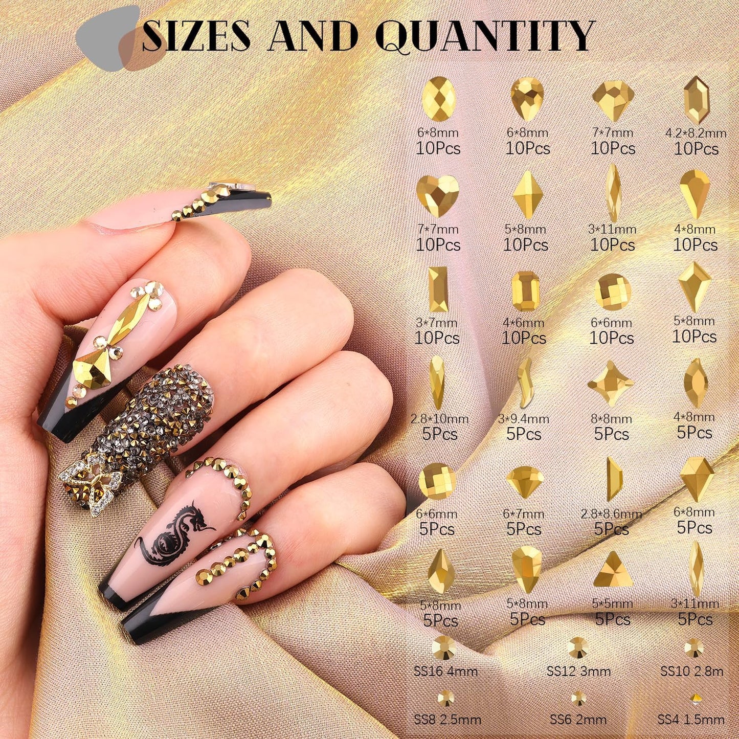 2750Pcs Mineral Gold Glass Nail Rhinestones 240Pcs Multi Shapes Flatback Nail Gems + 2510Pcs 1.5-4mm Round Crystal, Manicure Nail Charms Diamond Gemstones for Acrylic Nails Decoration