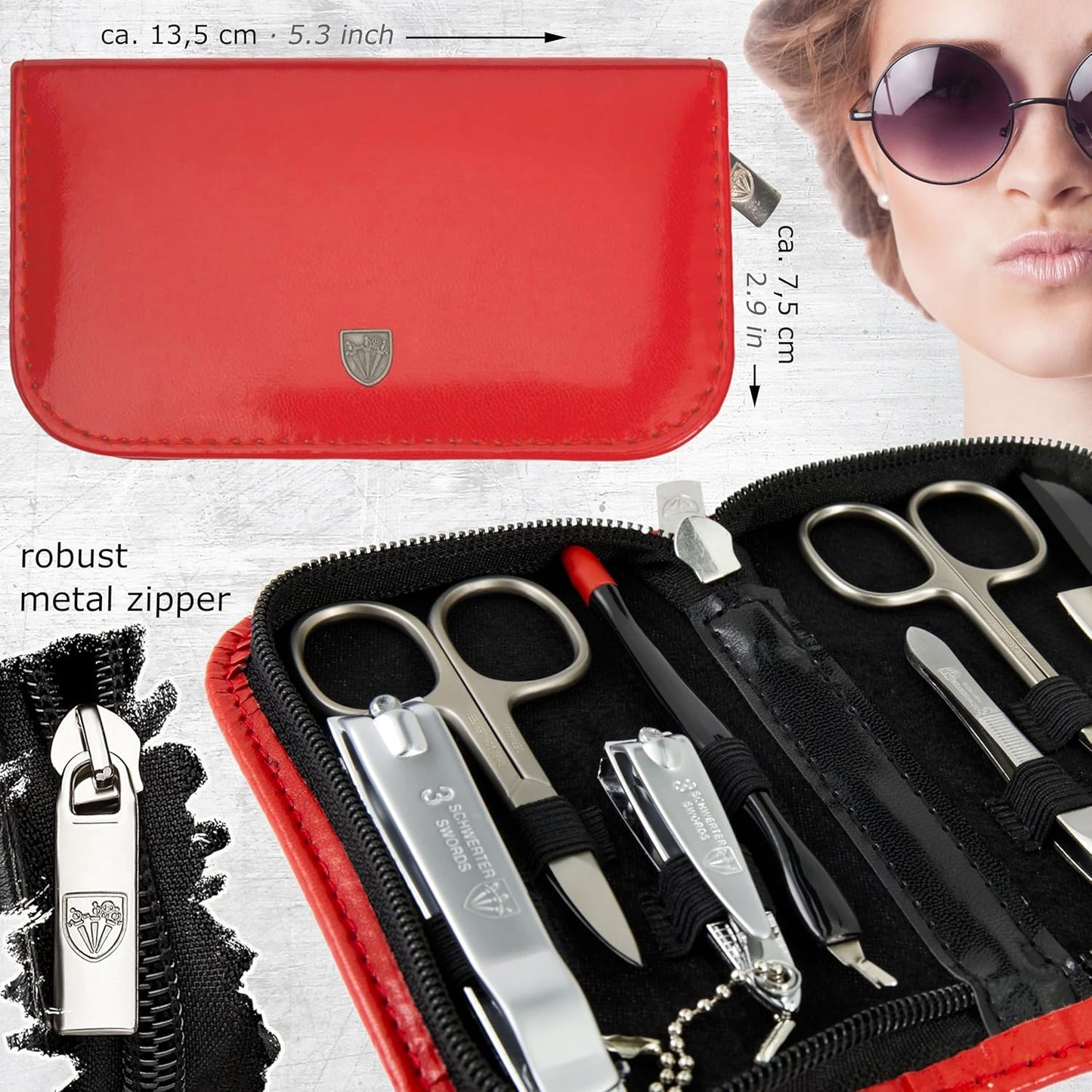 3 Swords Germany – brand quality 8 piece manicure pedicure grooming kit set for professional nail care with synthetic leather case red - Made in Germany