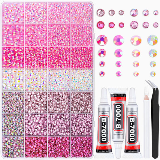 20000Pcs Pink Rhinestones for Bedazzling with 3Pcs B7000 Jewelry Glue, Resin Rhinestones for Crafting Crafts，Bedazzler Kit Flatback Gems for Clothing Shoes Tumblers Nail Art