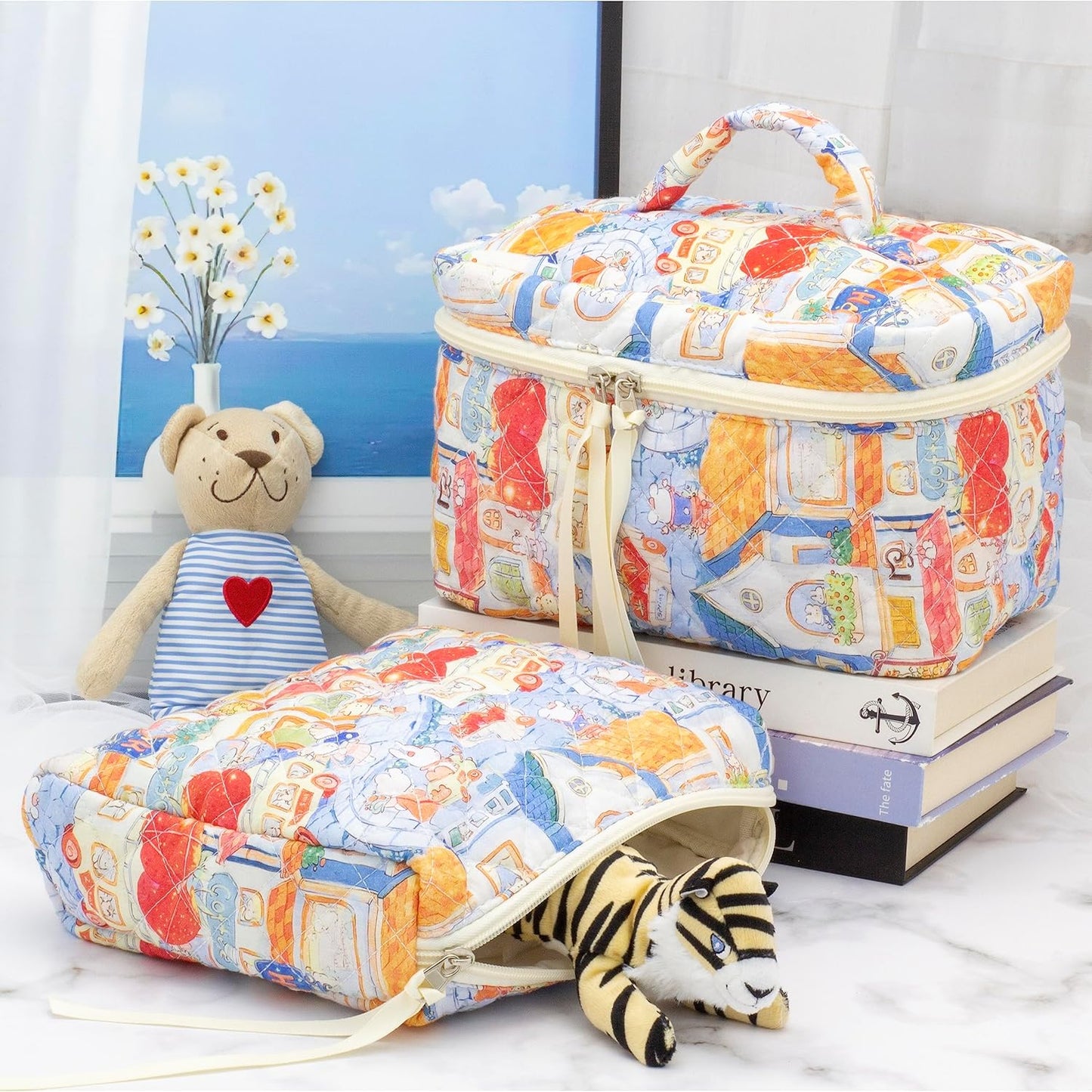 PAZIMIIK Quilted Makeup Bag Large Travel Zipper Soft Cosmetic Pouch for Women Girls Make Up,Little Bunny