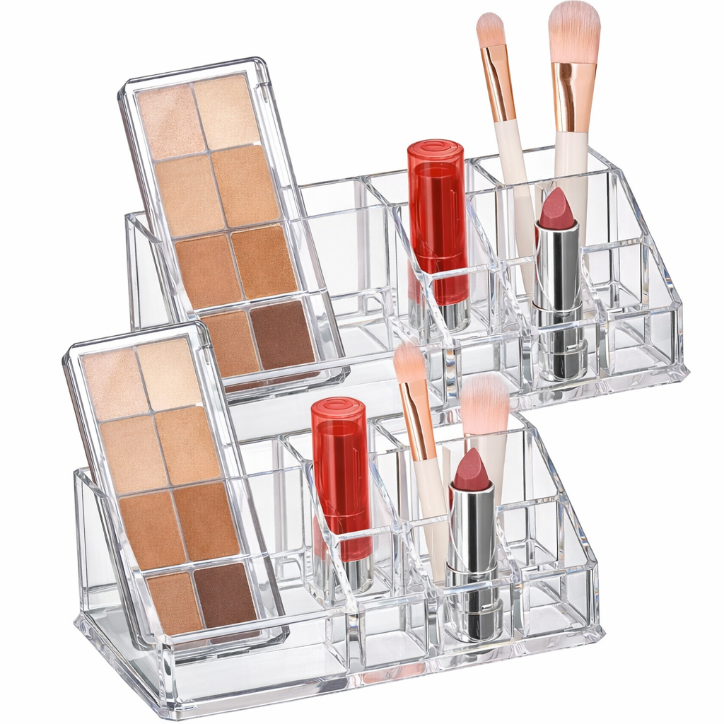 Clear Acrylic Makeup Organizer 2-Pack Multi-Compartment Vanity Storage