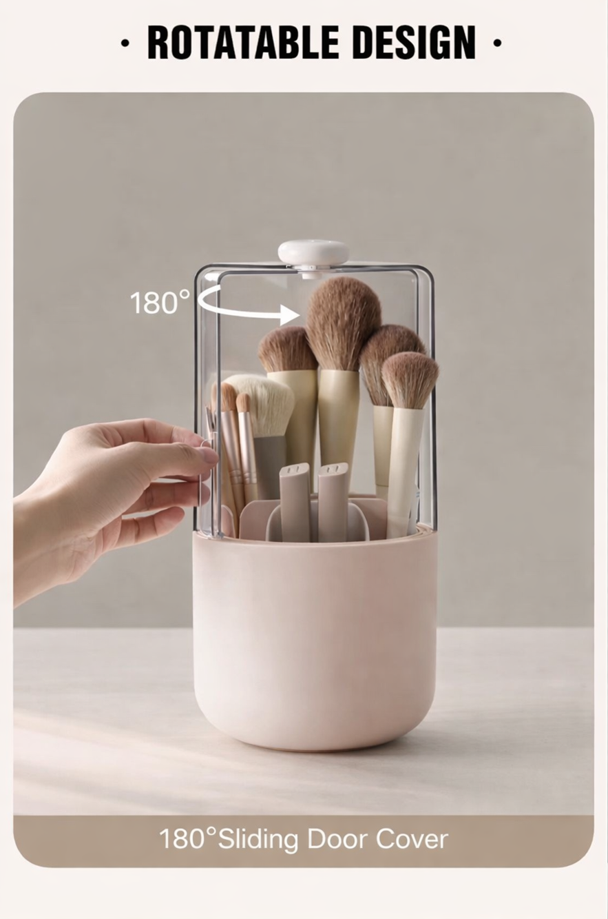 360° Rotating Makeup Brush Organizer with Dustproof Lid – Clear Storage Holder for Vanity
