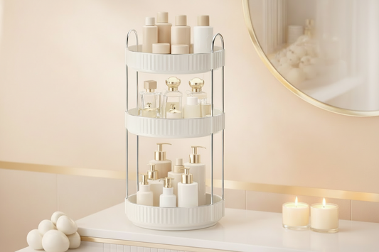 360° Rotating 3-Tier Makeup Organizer for Vanity – Clear High-Capacity Skincare Storage