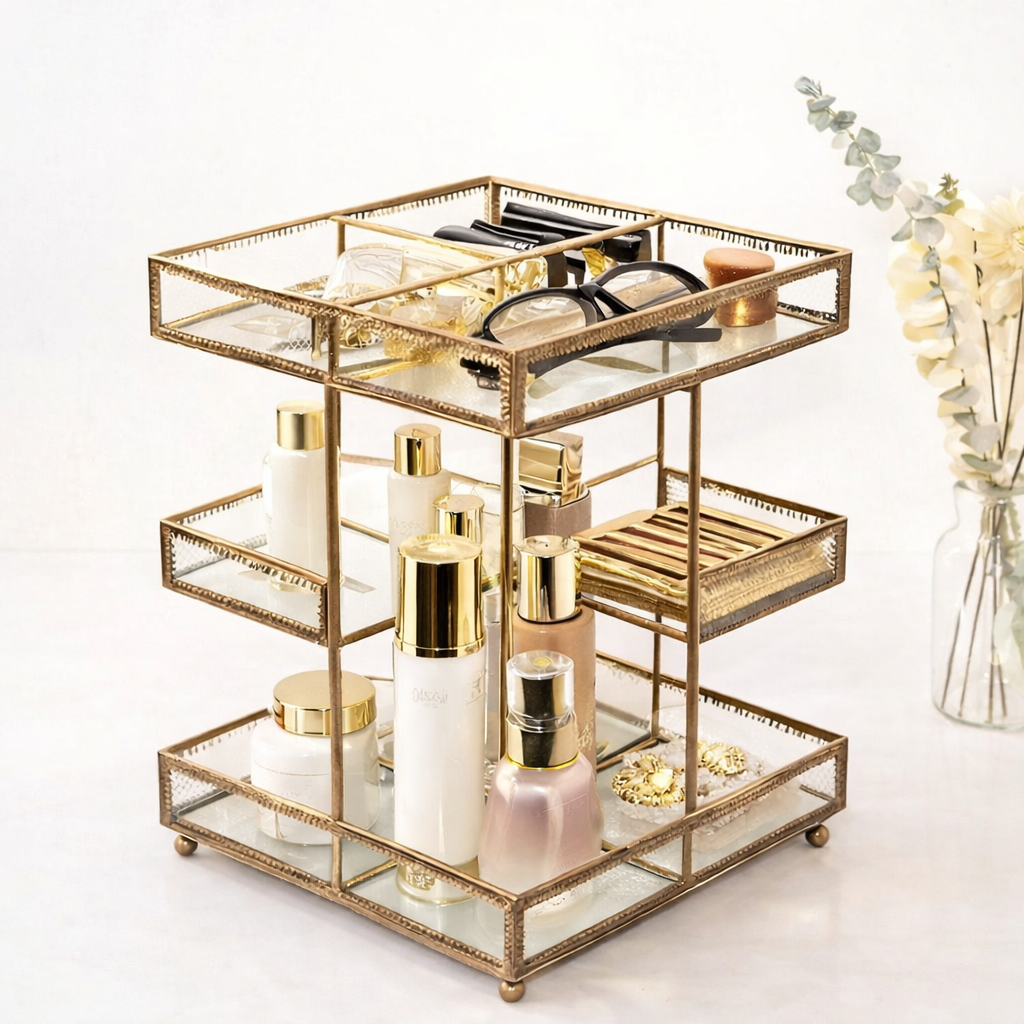 Vintage Glow 360° Rotating Glass Makeup Organizer — 4 Tier Antique Vanity Storage