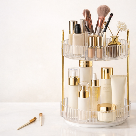 Rotating 2-Tier Clear Acrylic Organizer — Minimal Vanity Storage with 360° Base