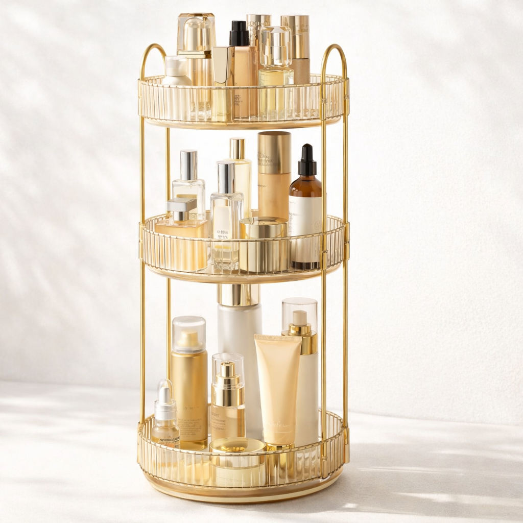 360° Rotating Makeup Organizer (3 Tier) — Amber Vanity Storage for Skincare &amp; Cosmetics