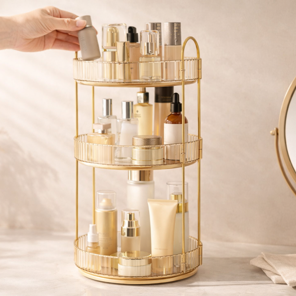 360° Rotating Makeup Organizer (3 Tier) — Amber Vanity Storage for Skincare &amp; Cosmetics